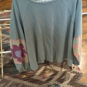 Easel Blue Sweatshirt with Floral Sleeves